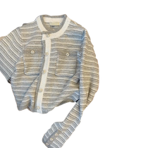 Striped gray short slim knitted sweater jacket elegant style versatile casual lazy style niche casual design
