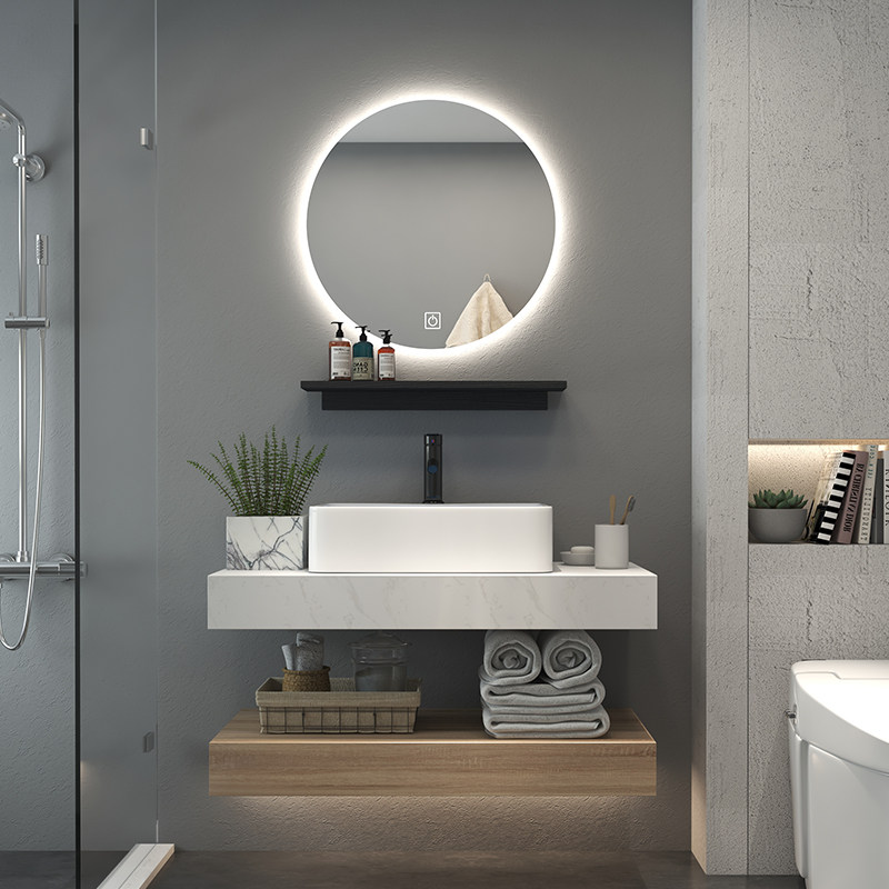 Nordic Double Layer Solid Wood Bath Cabinet Hung Wall Style Hand Wash Desk Washbasin Cabinet Combination Makeup Dressing Room Small House Type Wash table