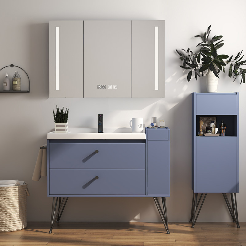 Nordic Bath Cabinet Blue Smart Mirror Cabinet Modern Minima Solid Wood Wash Face Wash Basin Pool Makeup Room Floor Style