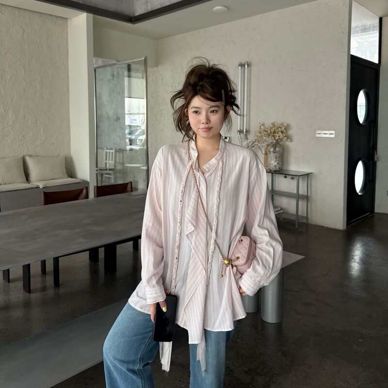 Jingu Green Label【Neon Sweetheart】26 Spring Colorful Beaded Braided Ribbon Striped Shirt