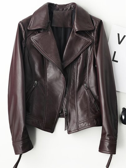 2025 Spring and Autumn New Genuine Leather Jacket Women's Short Sheepskin Motorcycle Wine Red Jacket Slim Leather Jacket