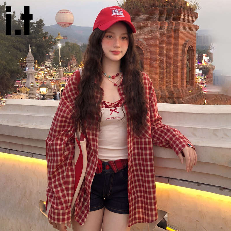 Itfingercroxx Red Check Dopamine Long-Sleeve Sun Protection Shirt Jacket for Women, Summer Thin Cardigan Shirt H