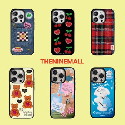 theninemall Korean cute puppy, heart-shaped bear, bow, checkerboard pattern, TPU, black border, full coverage phone case, suitable for 16pro/max