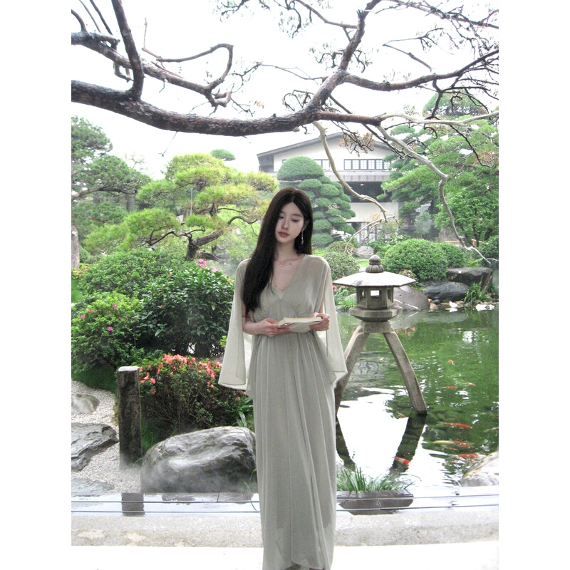 W51【Qinglan】New Chinese-Style Dress for Women, Summer High-End Cool Style, V-Neck, Elegant, Waist-Cinching, Slimming Long Dress