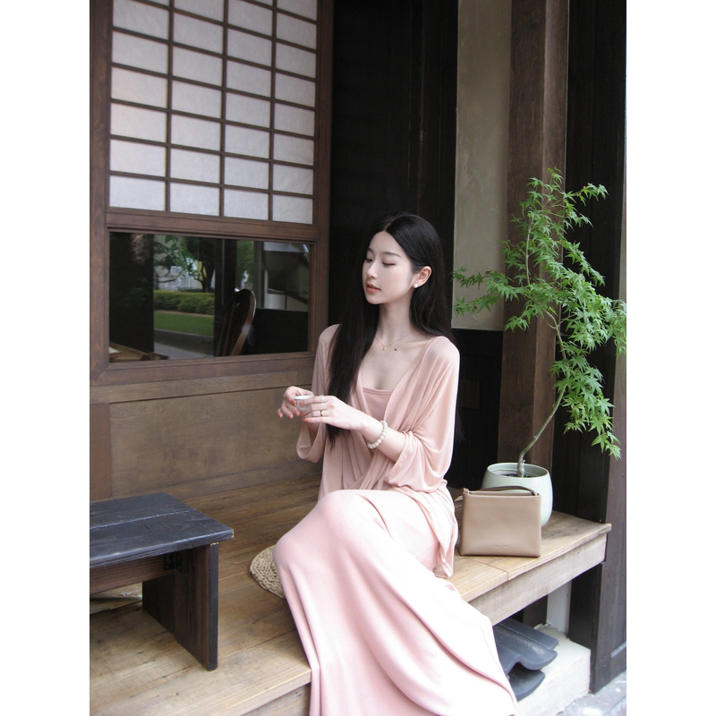 W51【Peach Mist Dream】Gentle Lyocell Long Dress Set for Women, Draping Slimming Two-Piece Long Dress