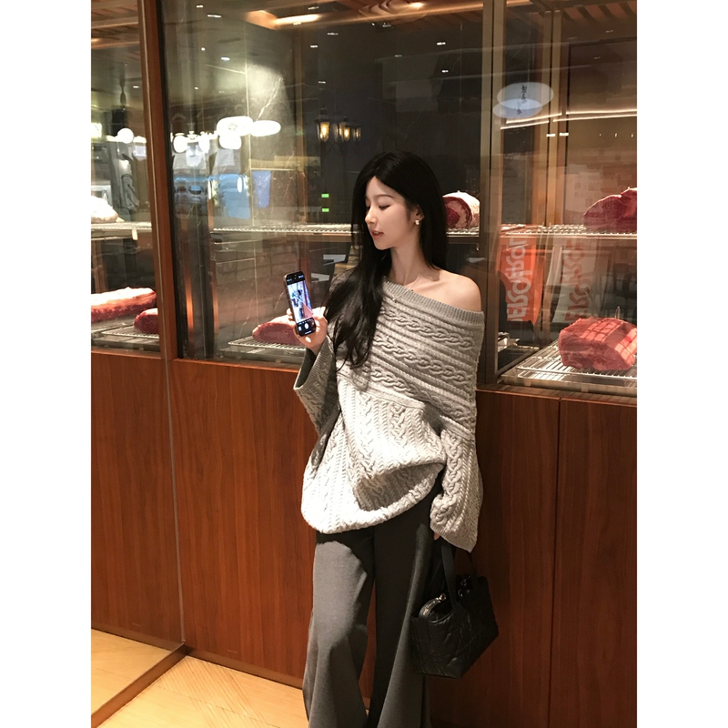 Clearance Sale W51【Grey Island Weave】Autumn and Winter Lazy Style Atmospheric Warm Pullover Off-Shoulder Sweater Clearance Sale W51【Grey Island Weave】Autumn and Winter Lazy Style Atmospheric Warm Pullover Off-Shoulder Sweater