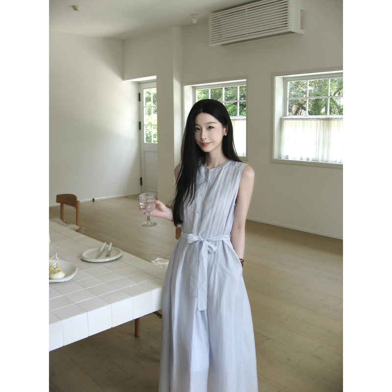 W51【Qingchuan Du Yue】Light Blue Lyocell Tencel Dress for Women, Summer Mid-Length Sleeveless Acetate Long Dress