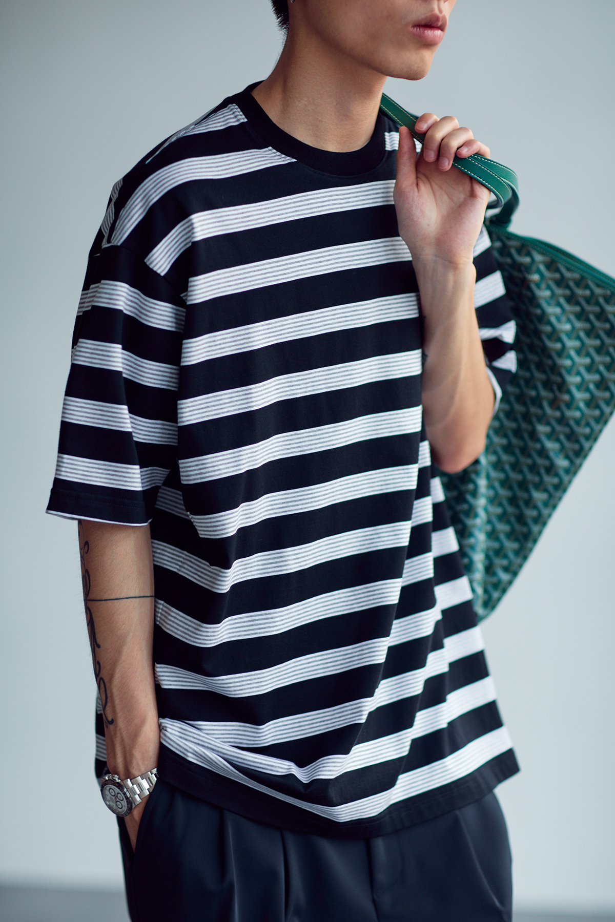Breathable wide stripe HUMANIMAL Japan imported GIZA Egyptian cotton long-staple cotton round neck basic short-sleeved T-shirt