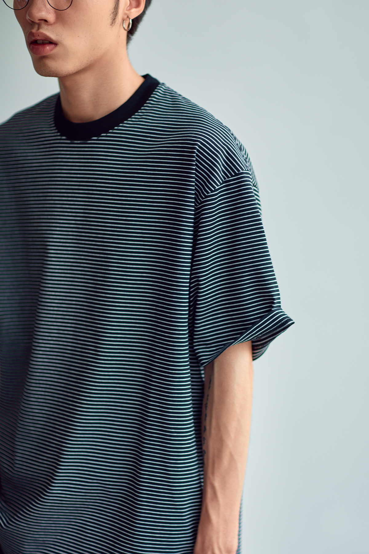 Thick solid stripes HUMANIMAL Japan imports Giza Egyptian cotton long suede cotton round collar base short sleeve T-shirt