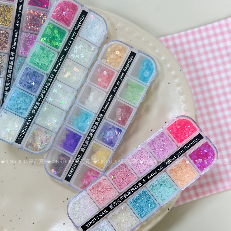 Summer New 12-Color Combination Palette with Round Polka Dots, Stars, Butterflies, Versatile Colorful Macaron Nail Art Decorations and Sequins