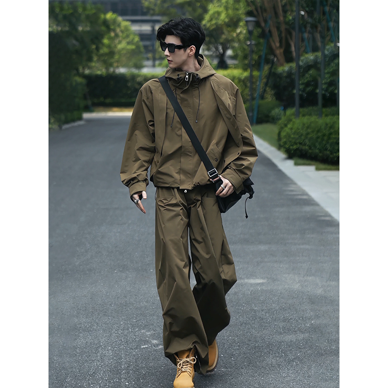 American Retro Workwear Jacket Set for Men, Autumn Mountain-Style Outdoor Hiking Jacket and Pants Outfit, Complete Set