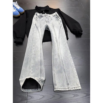 American Retro Diagonal-Cut Jeans for Men, Spring Season, Slim-Fit, Slightly Flared Pants, High Street Vibe, Straight-Leg, Curved-Leg Pants