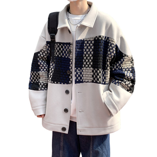 Trendy Men's Jacket with a High-End Feel, Color-Blocked Patchwork, Spring Korean Style, Fashionable Design, Woolen Coat