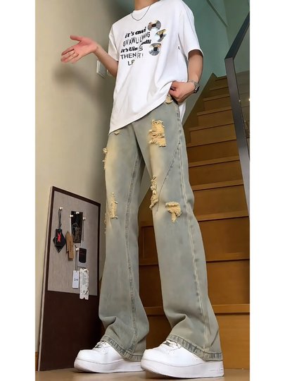 American Retro Ripped Jeans for Men, Summer Thin Style, Trendy Brand, Cool Street Style Pants, Slim Straight-Leg Flared Pants