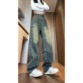 American Retro Jeans for Men, Spring Trendy Brand Loose Wide-Leg Pants, High Street Vibe Design Straight-Leg Long Pants