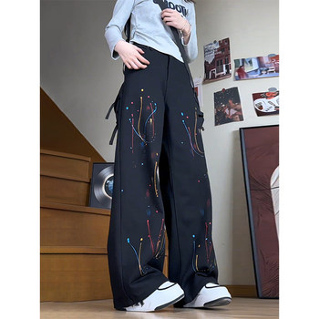 Hiphop Graffiti Jeans for Men and Women, Autumn American Street Style Wide-Leg Pants, Painted Splatter Trendy Straight-Leg Long Pants