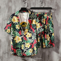 Hawaii beach floral shirt suit mens handsome set of yuppies sleeking tide short sleeve shorts hip hop two pieces