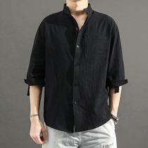 70% sleeve shirt male linen short sleeves Chinese wind cotton linen loose big code upright collars ruffled and hot spring summer season lining clothes