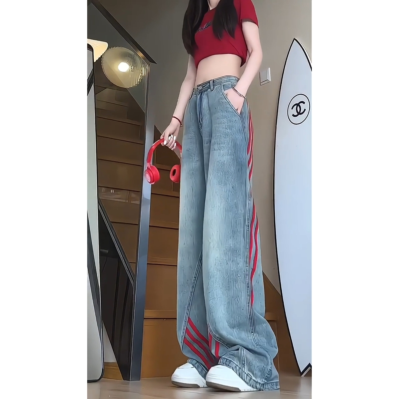 Paris Red Striped Jeans for Men, Summer Loose American-Style Wide-Leg Vintage Washed Patchwork Casual Pants