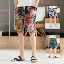 Flower Shorts Mens Summer Linen 50% Pants Loose large code Tide Cards Mid Pants National Wind Trendy Cotton Linen Beach Pants Men