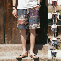 Beach pants mens Tide brand retro ethnic style summer linen thin flower shorts mens loose size fat five-point pants