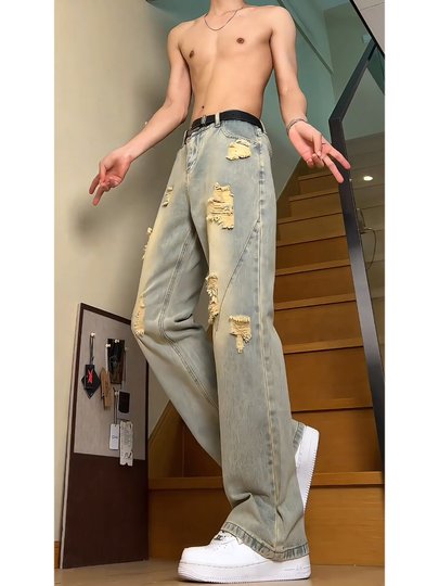 American Retro Ripped Jeans for Men, Summer Thin Style, Trendy Brand, Cool Street Style Pants, Slim Straight-Leg Flared Pants