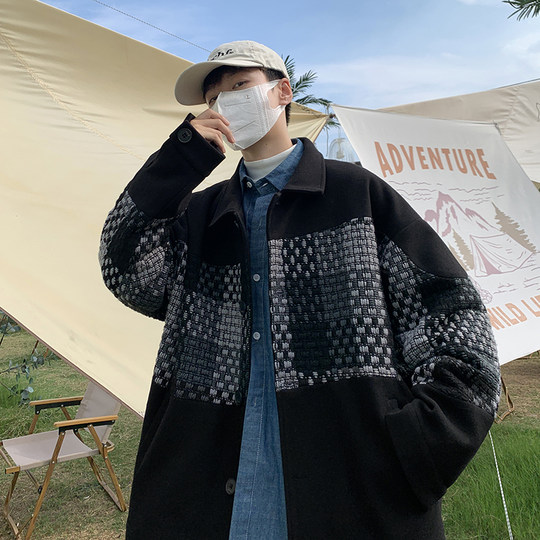 Trendy Men's Jacket with a High-End Feel, Color-Blocked Patchwork, Spring Korean Style, Fashionable Design, Woolen Coat