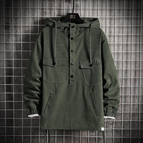 Coat mens spring and autumn 2021 new military green Ruffian loose size fat retro hooded corduroy jacket