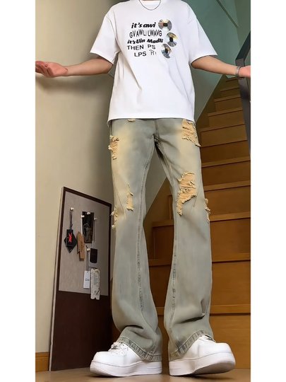 American Retro Ripped Jeans for Men, Summer Thin Style, Trendy Brand, Cool Street Style Pants, Slim Straight-Leg Flared Pants