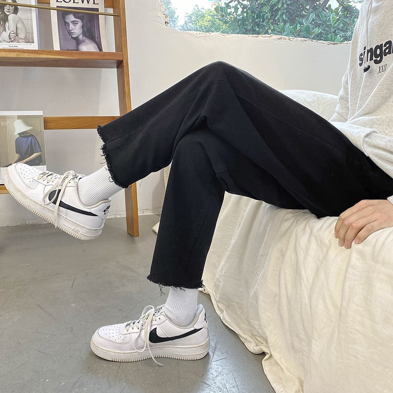 Straight cylinder small sub jeans female black display slim 100 lap 90% High waist pear-shaped stature wool side pants Chains