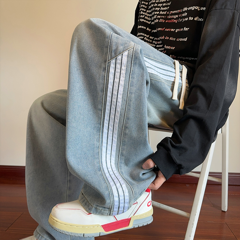 American High Street Style Wide-Leg Jeans for Women, Summer 2026 New Striped Loose Thin Straight Pants with Three Stripes American High Street Style Wide-Leg Jeans for Women, Summer 2026 New Striped Loose Thin Straight Pants with Three Stripes