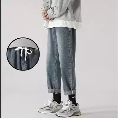 Heavy industry jeans female retro Hong Kong flavor loose straight tube elastic waist wide legs nostalgic old pants washed old