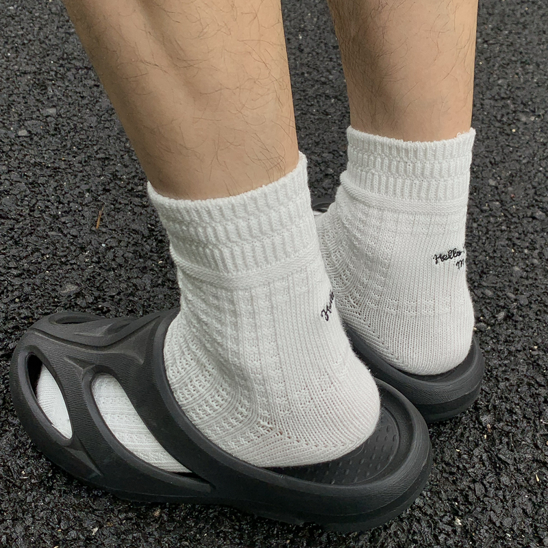 Heel Letter Embroidery Waffle Knit Japanese Style Thick Knit Socks Slippers Socks for Outdoor Wear Men's Mid-Calf Socks