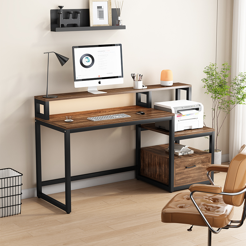 Computer Desk Can Hold a Printer, Multifunctional Desktop Double-Layer Desk with Drawer Cabinet, Multifunctional Home Desk, Office Desk