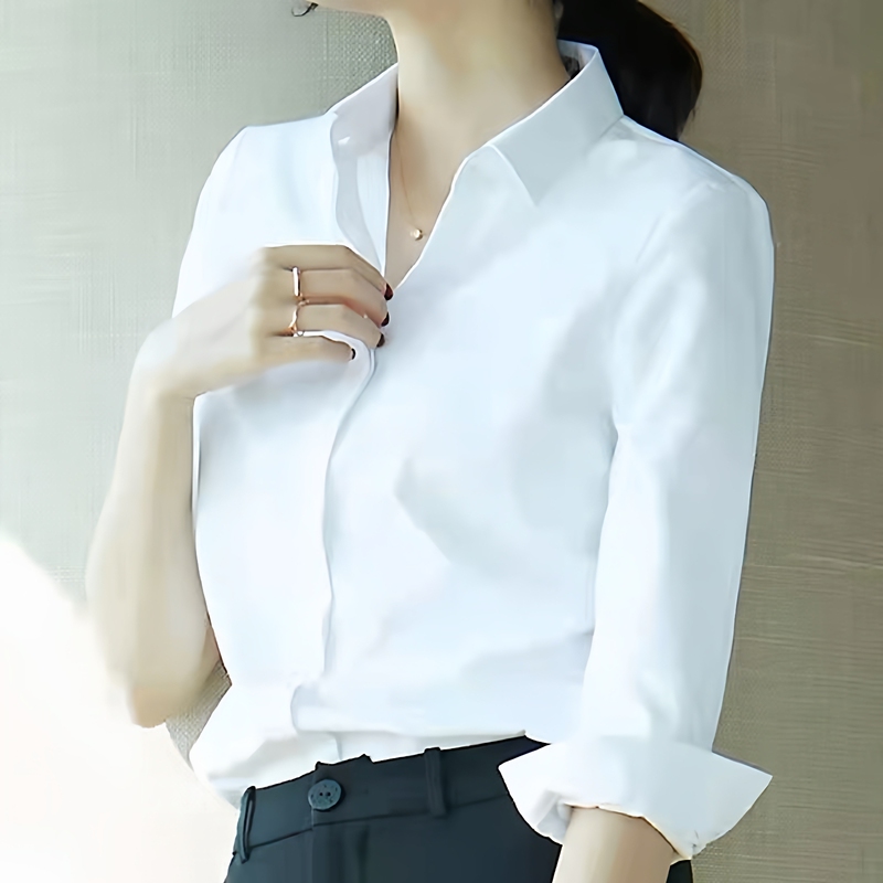 White Long-Sleeved Shirt for Women, Spring and Autumn Korean Style Professional Formal Wear, Wrinkle-Resistant, No-Iron Work Clothes, Fashionable and Elegant Shirt for Women