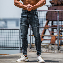 Sports jeans mens autumn and winter stretch slim-fit muscle fitness stitching casual squatable closed small pants