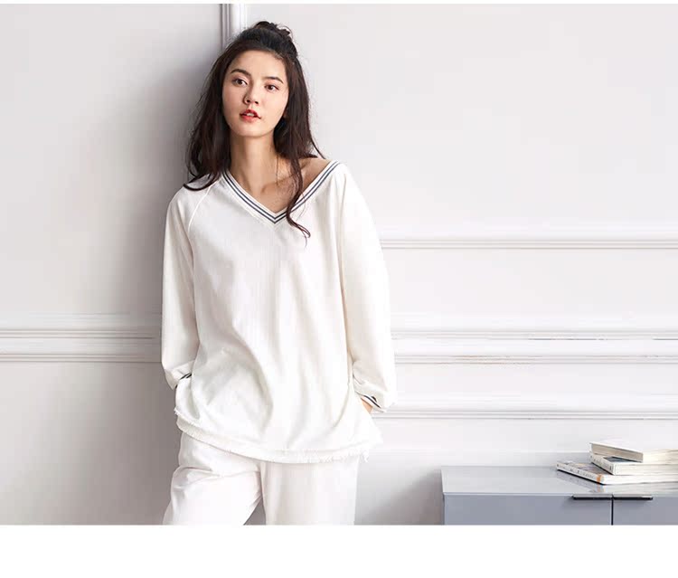 Bellow xuân chín điểm tay áo nữ đồ ngủ gợi cảm V-cổ nữ dịch vụ nhà phiên bản Hàn Quốc của bộ đồ cotton thoải mái lỏng - Bên ngoài ăn mặc áo thể thao nữ