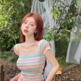 Летний радужный трикотажный сексуальный короткий свитер, высокая талия