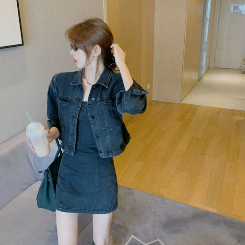 Весеннее джинсовое платье, джинсовая куртка, комплект, в американском стиле, с акцентом на бедрах, воротник поло