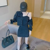 Весеннее джинсовое платье, джинсовая куртка, комплект, в американском стиле, с акцентом на бедрах, воротник поло