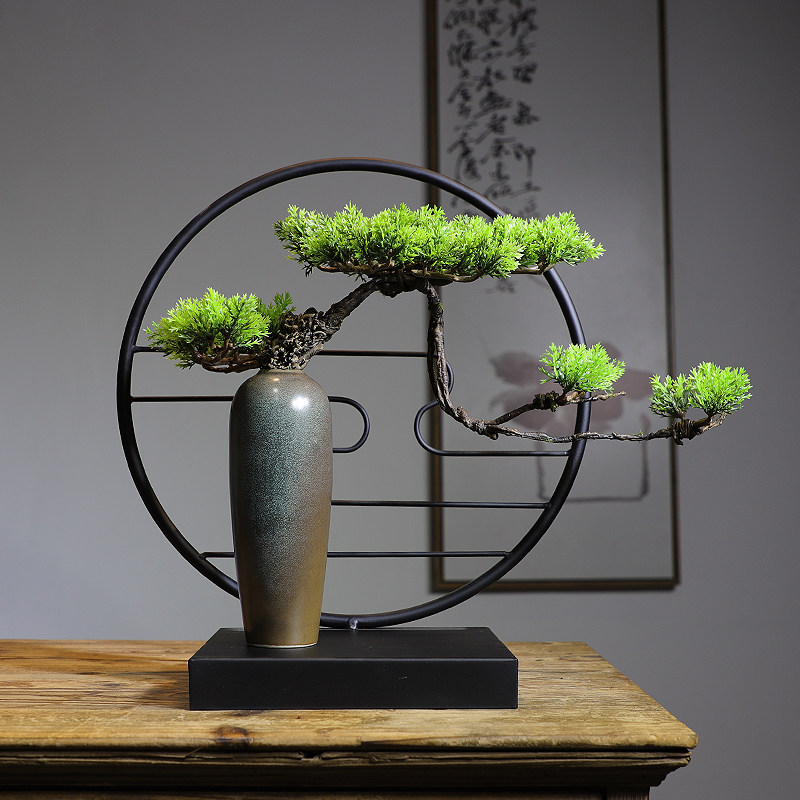 New Chinese retro ceramic vase Zen desktop living room study decoration welcome pine iron light luxury home decoration