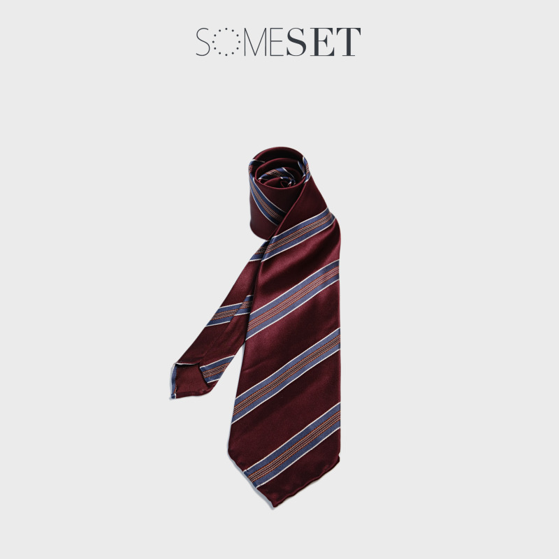 Someset Hand-Rolled Edge Half-Lined Classic Three-Color Diagonal Striped Tie Someset Hand-Rolled Edge Half-Lined Classic Three-Color Diagonal Striped Tie
