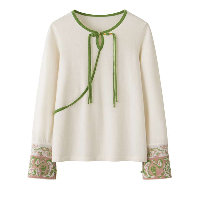 Chinese-Style Ethnic 100% Pure Cashmere Sweater for Women, Round-Neck Knitwear, Loose Fit, Slimming, Versatile Sweater Coat