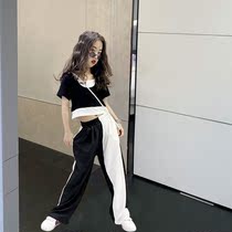 2021 Summer new girl hit color suit Korean version CUHK Tong fake two-piece T-shirt Spelled Broadlegged Pants Two-piece Set