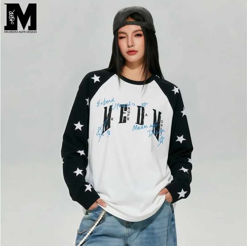 Medm Agfr Co-Branded Trendy American-Style Handwritten Graffiti Print Star All-Over Casual Raglan Long-Sleeve T-Shirt for Men and Women Medm Agfr Co-Branded Trendy American-Style Handwritten Graffiti Print Star All-Over Casual Raglan Long-Sleeve T-Shirt for Men and Women