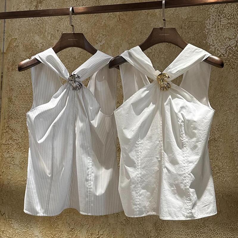 2025 This Year's Trendy Petite Design Pure and Desirable White Halter Neck Sleeveless Cross-Knot Tank Top Shirt for Women in Spring