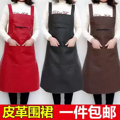  Korean version of the vest type soft leather waterproof apron thickened canteen kitchen PU oil-proof leather apron household ladies kitchen