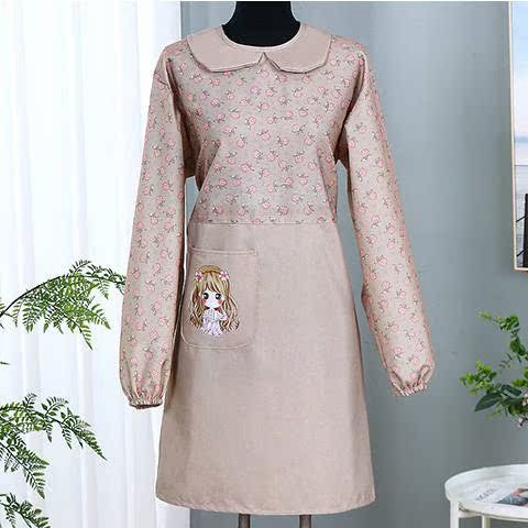  Pure cotton long-sleeved apron household kitchen women fashion cute anti-dressing Korean version has sleeves for men's adult cooking cover