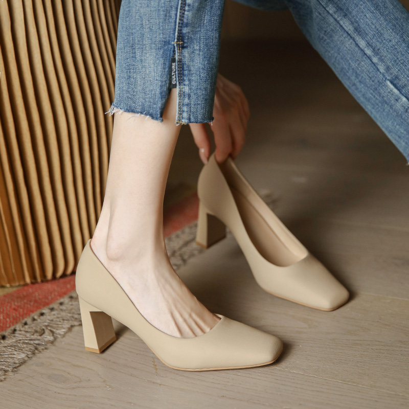 Square-Toe High-Heeled Shoes for Women, Chunky Heel 7cm, Nude Color, Commuter Style, Professional, Simple, Soft Leather Work Shoes, 5cm Mid-Heel Single Shoes for Women