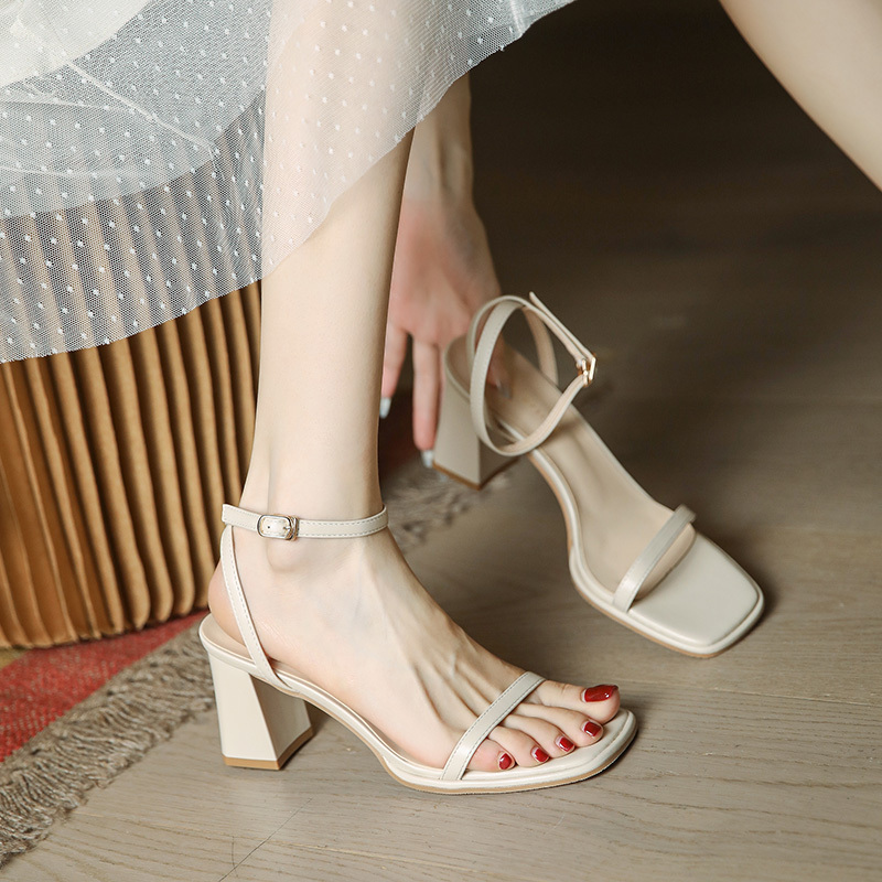 One-Strap Sandals for Women with Chunky Heels, Summer 2026, Off-White, Versatile with Skirts, Fairy Style, High-End Open-Toe High Heels